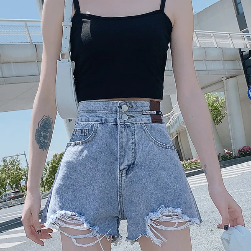 

Summer Wide Legs Ripped Female Short Jeans Pants Classic XL Streetwear Trend 2025 Fashion Baggy Women's High Waist Denim Shorts