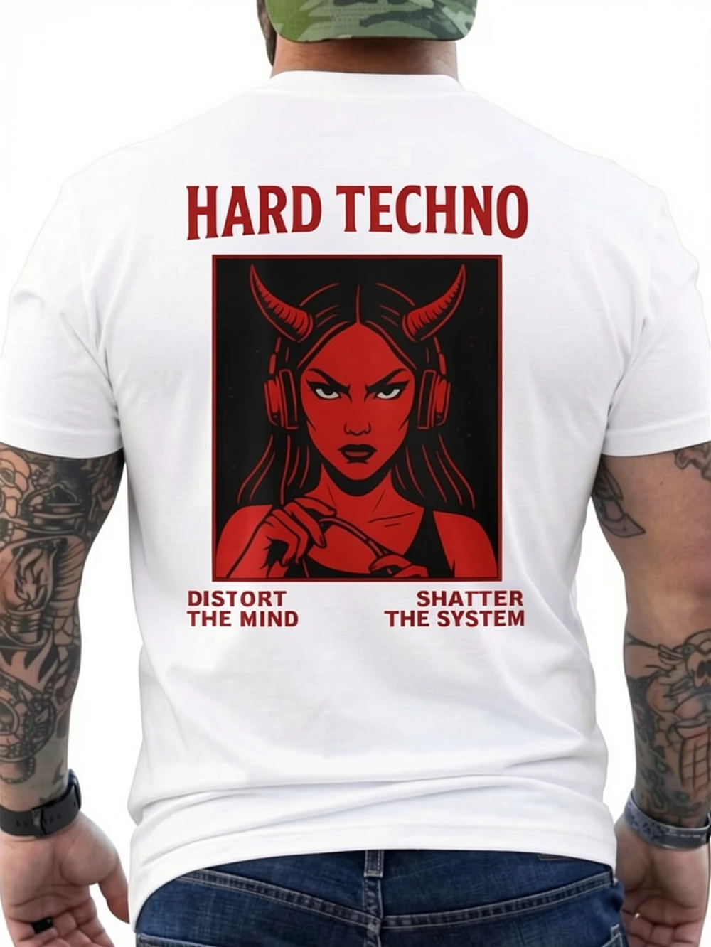 Hard Techno Rave Mind Warp Destroy The System Men'S T-Shirt with Back Print Men'S Casual Fashion T-Shirt Round Neck
