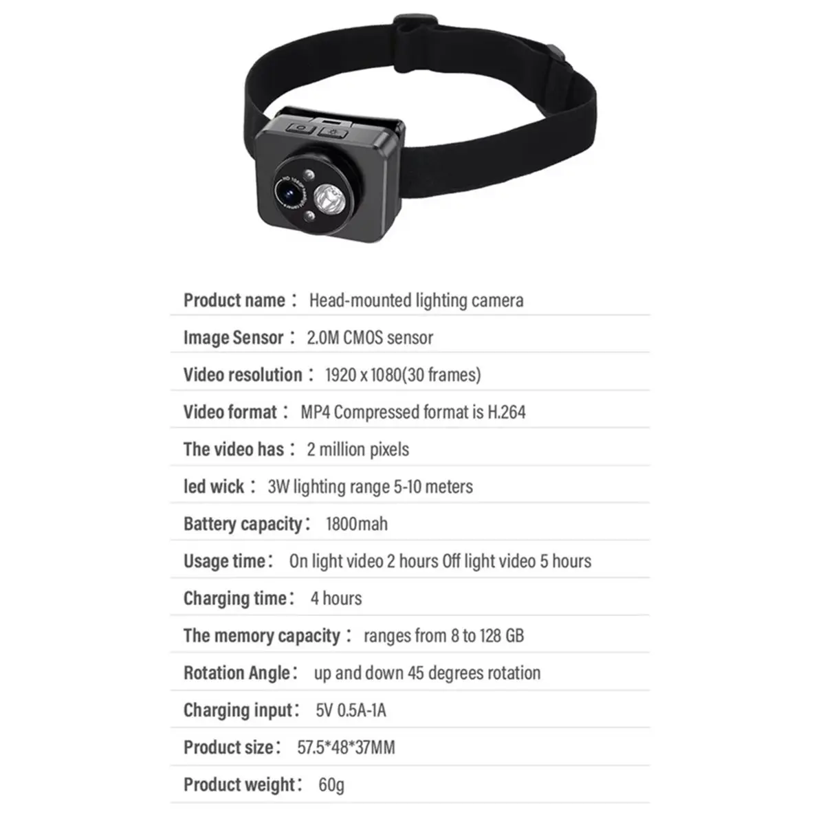 16G 1080P HD Head Mounted Action Camera Hand Induction LED Light Loop Recording Cycling Running Camping Outdoor Vlog