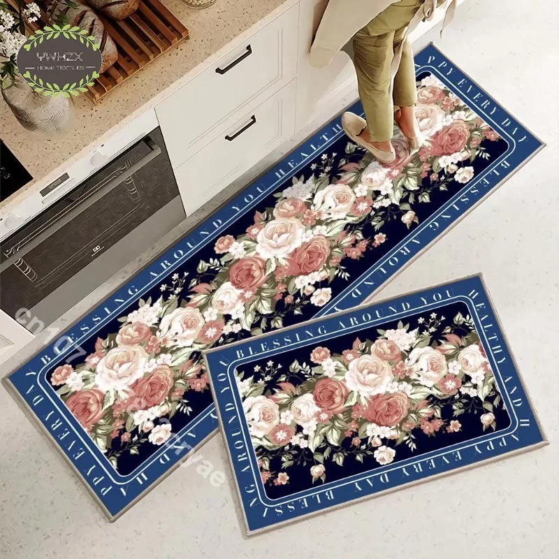 Luxury Flower Print Rugs Kitchen Drying Mat Bathroom Rug Non-slip Aesthetics Living Room Carpets Household Mat Home Decoration