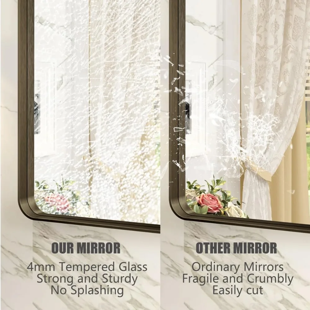 Miroir de salle de bain en bronze 24x32 avec cadre rectangulaire arrondi, finition brossée, mural pour suspension horizontale ou verticale