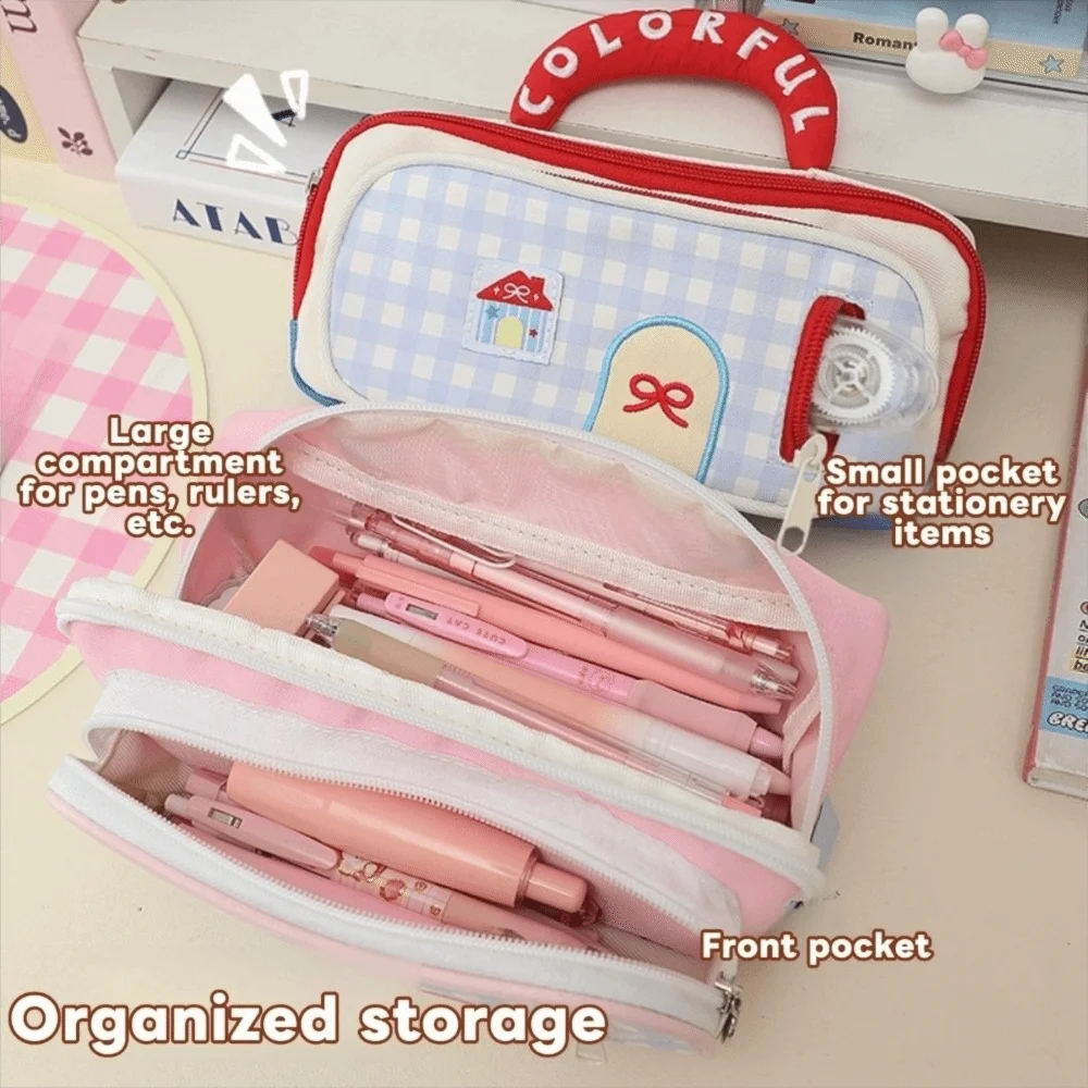 

Embroidered Dopamine House Pencil Bag Large Capacity Zipper Stationery Storage Bag Cute Portable Pen Pencil Case School