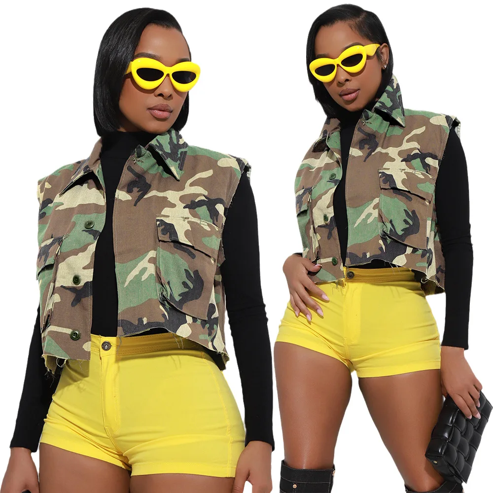 Streetwear Vest for Women Green Camouflage Sleeveless Single Button Sleeveless Summer Casual Turn-down Collar Female Short Vests