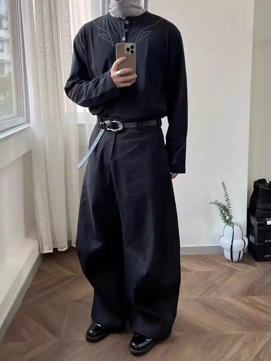 Men's Simple Solid Color Curved Wide Legs Jeans Retro Street Spring Casual Pants Cool Boy Bottom Male High Waist Denim Trousers