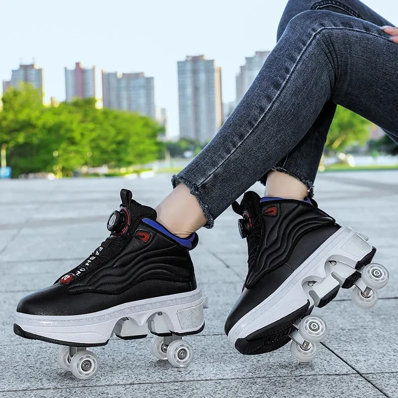 Deformation Roller Skates Skate Shoes 4 Wheels Parkour Sports Skateboard Shoes Unisex Sneakers Children Girls Boys Roller Skates