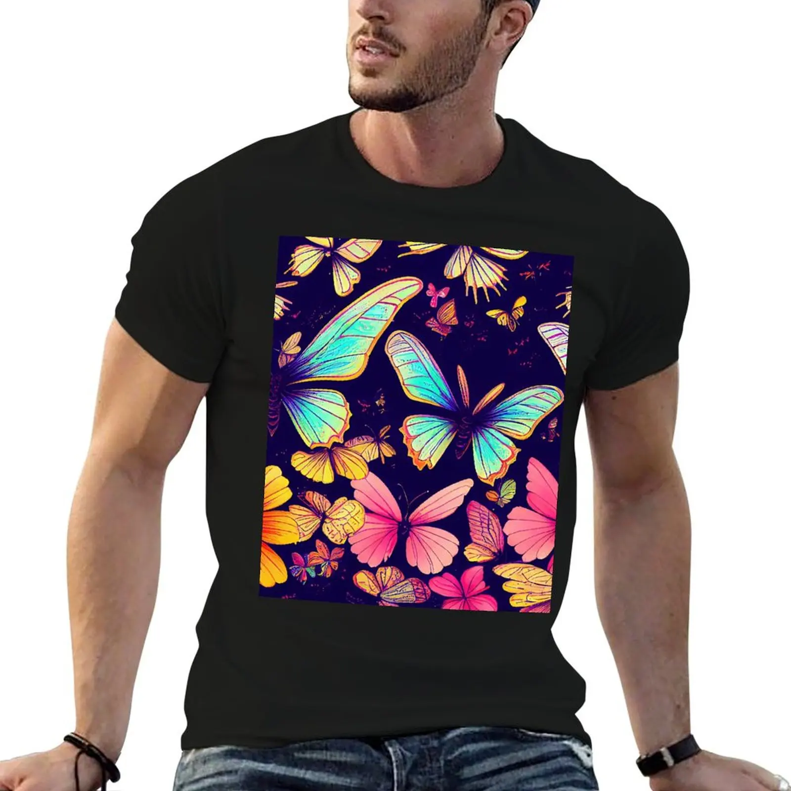 

Colorful Butterflies and Floral Pattern T-Shirt anime t shirts oversize cotton tshirt 100% t shirts for man pack white T-shirt