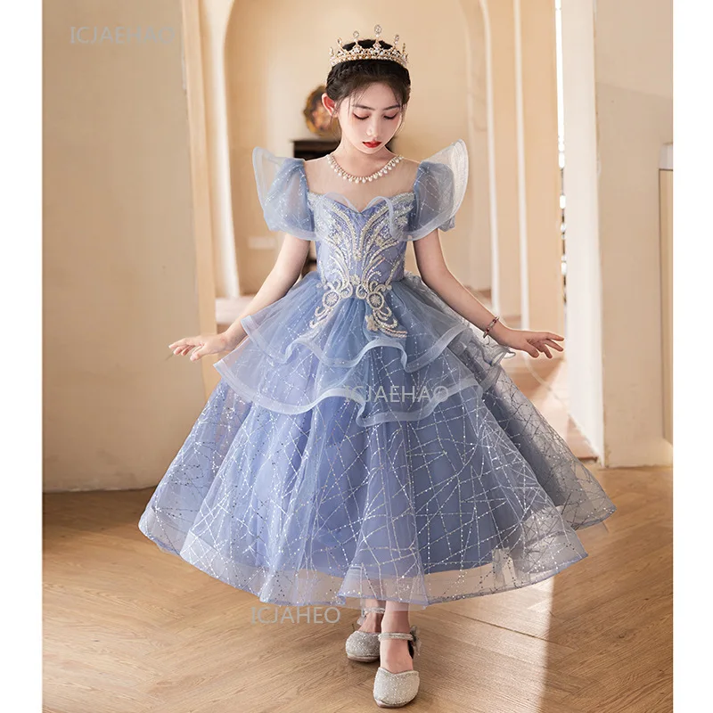 Wedding Princess Dress Children Blue Girls Birthday Party Elegant Dresses Costume Matching Kids Host Piano Performance Outfit