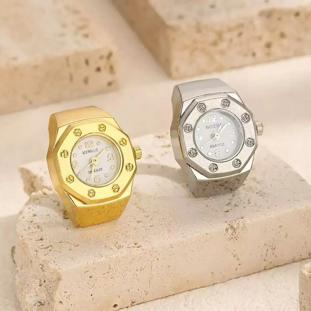 Vintage Gold Siiver Color Real Watch Rings for Men Women Stainless Steel Rivet Geometric Octagon Design Mini Clock Punk Jewelry