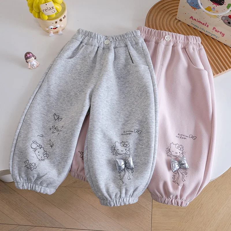 

Брюки-фонарики с мультяшным принтом для девочек, осенние новые детские повседневные брюки с милым бантом, корейские детские спортивные штаны с эластичной резинкой на талии