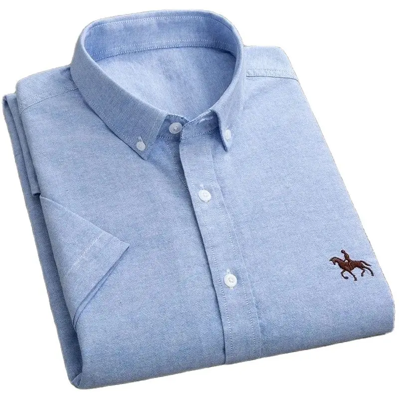 

100% pure cotton casual cotton men's shirt slim fit horse logo bottom inch shirt Oxford spinning short sleeved striped shirt