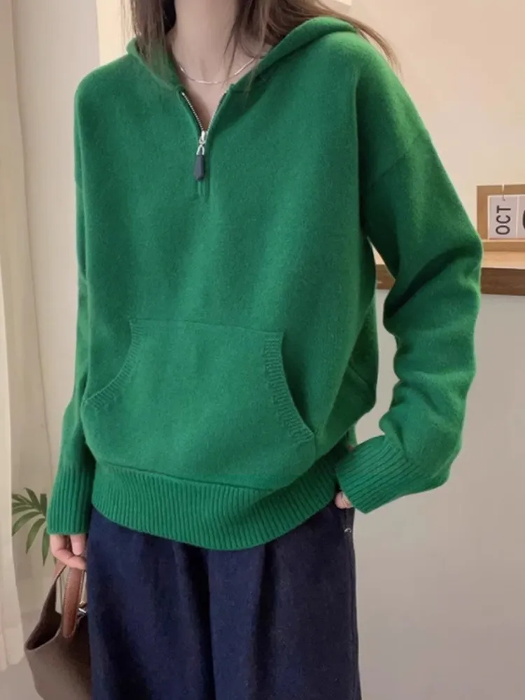 Fashion lazy wind hooded pullover sweater autumn and winter new chic niche half zipper design cashmere bottoming shirt