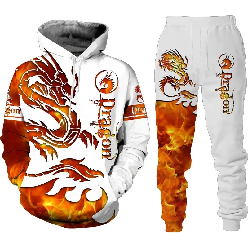 Men\'s Hoodies Set 3D Dragon Printed Men\'s Monster Harajuku Pullover High-quality Sportswear Pants Autumn Man Streetwear Clothing