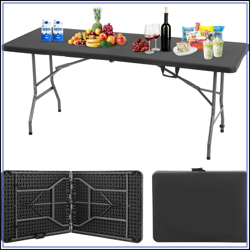 6 FT Folding Camping Table Heavy Duty Plastic Portable Square Dining Table for Picnics Parties Outdoor Black