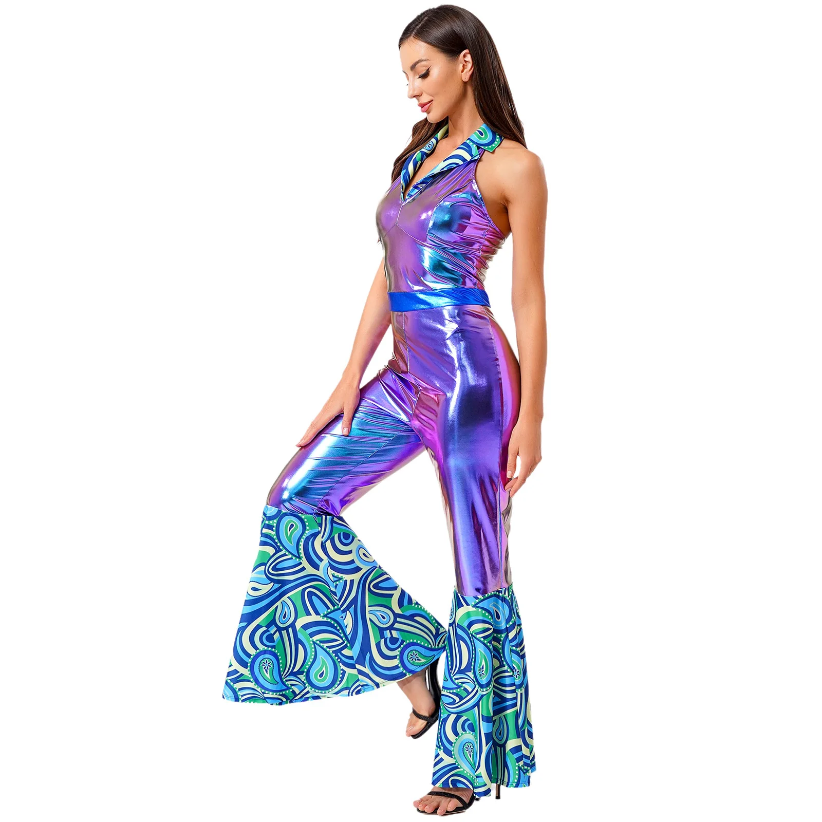 Women Halter Printed Metallic Shiny Retro 70s Disco Dance Flared Jumpsuit Halloween Theme Party Carnival Hippie Cosplay Costume