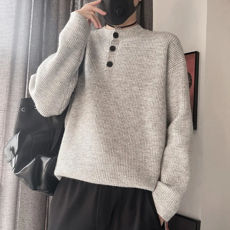 

ay American Retro Henry Collar Knitwear Men's Sle Autumn Winter Lazy Sle High-End Feeling Cleanfit Jaet Loose Fit