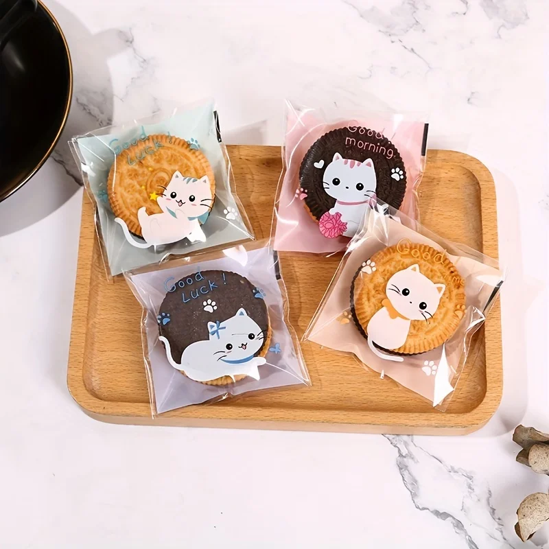 100pcs/200pcs/300pcs -Mini Cartoon Cat Packaging Bag, Baking Snack Self-adhesive Bag, Cartoon Cat Biscuit Cookie Packaging Bag