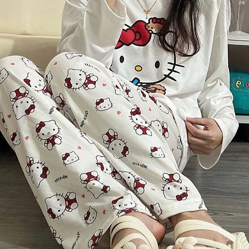 Kawaii Sanrios Hello Kitty Women\'s Pajamas Set Anime Cartoon Students Autumn Winter Polyester Long Sleeved Girls Nightwear Gift