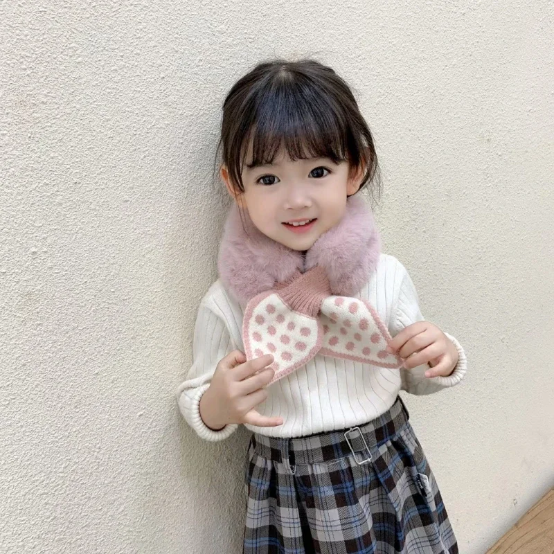 Fashion Children Girl Artificial Leather Winter Sweet  Scarf  Plush Polka Dot Kids Korean Girl Knit Scarf 2022 For Baby