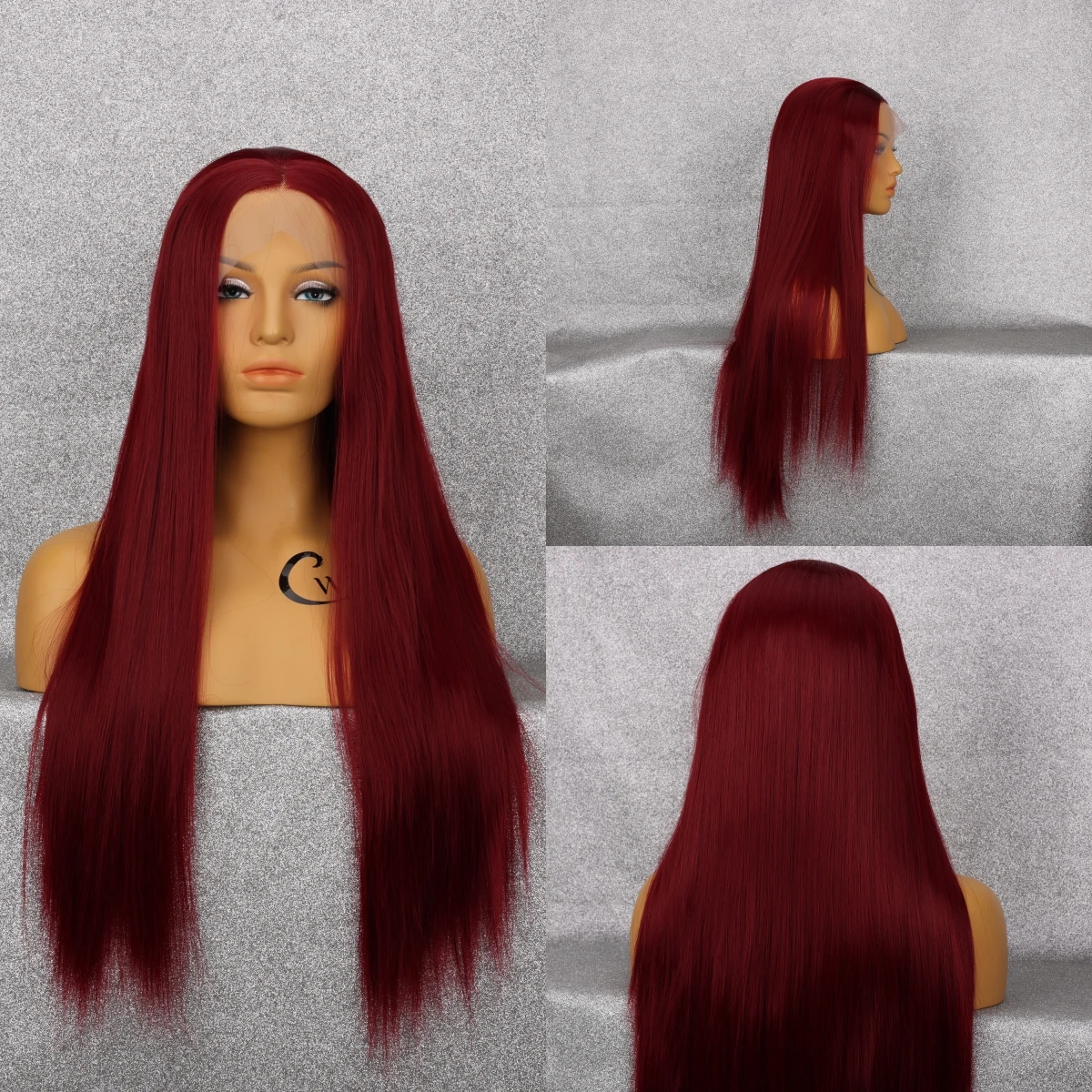 

wine red Front Lace Synthetic Long Straight Hair Wig Net Cap Lightweight Breathable Heat Resistant Non-Glue Party Cosplay Wig