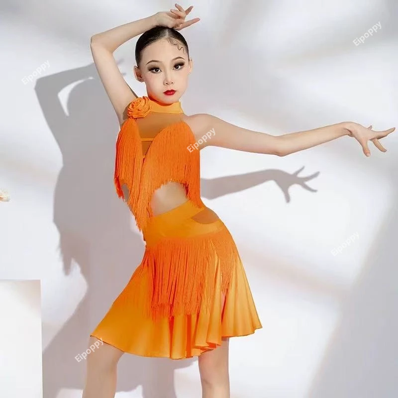 子供ラテンダンスドレス女の子の競技ウエストオフフリンジドレスチャチャサンバダンスパフォーマンスドレス