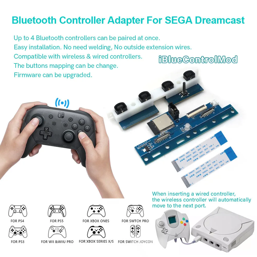 HISPEEDIDO iBlueControlMod Gamepad Wireless Bluetooth Controller Internal Adapter For SEGA DreamCast Console to PS3 PS4 PS5