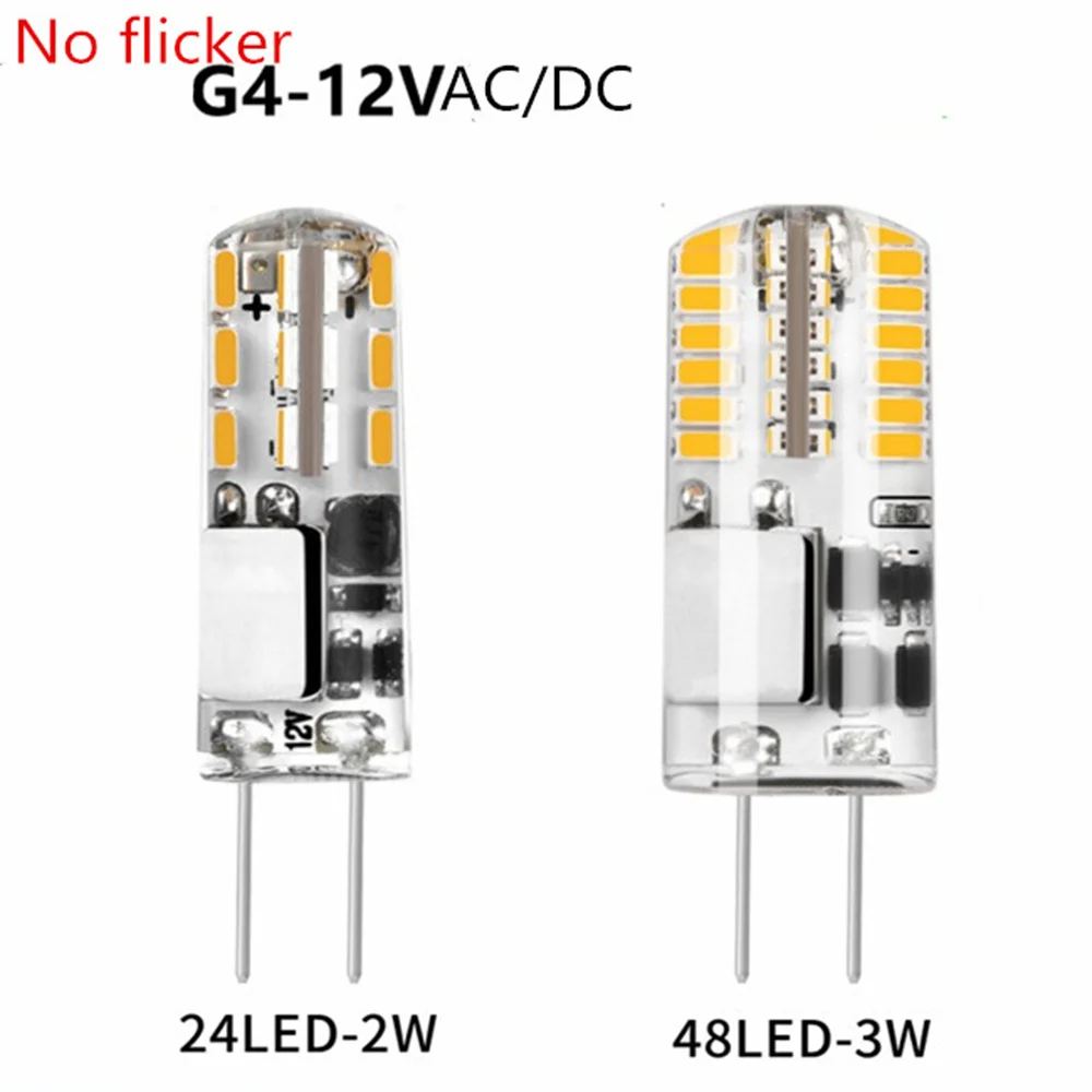 10pcs No Flicker AC/DC12V G4 LED Bulb 2W 3W Silicone 24/48LEDS SMD3014 Super Bright Replace 30W Halogen Chandelier Light