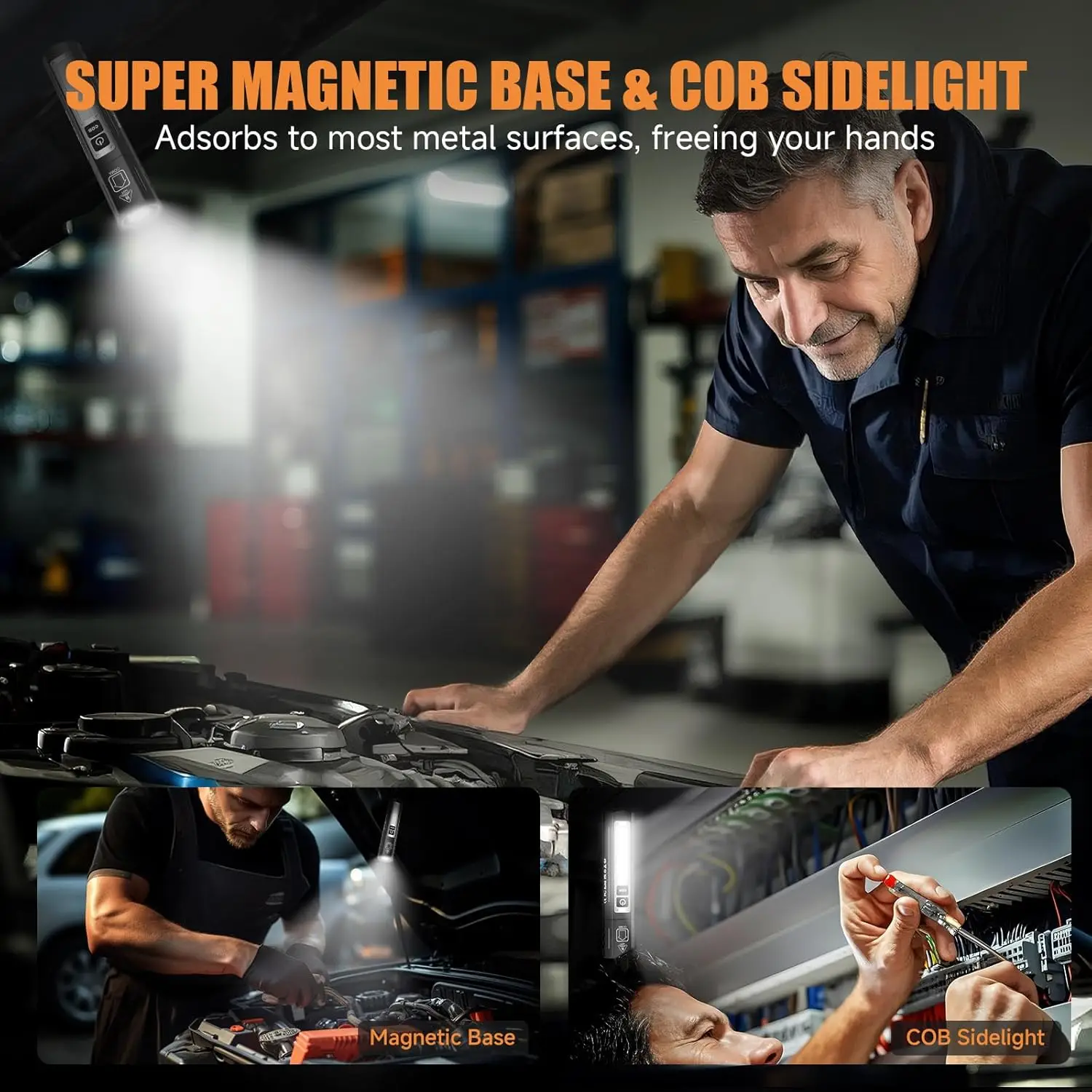 مصباح يدوي LED مغناطيسي قابل لإعادة الشحن، 8 أوضاع، USB-C، مصباح جيب مقاوم للماء للطوارئ والسيارة والهدايا