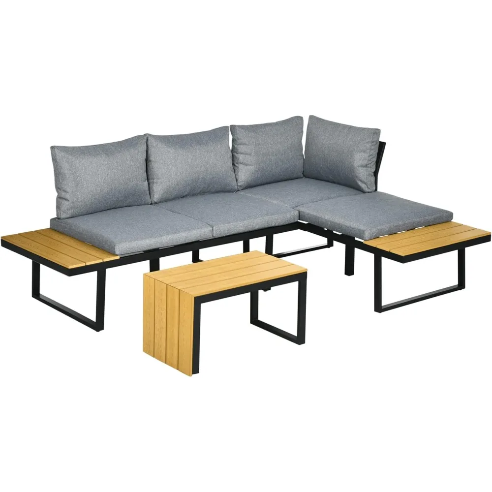 3 Piece Patio Furniture Set with Cushions, Aluminum Frame Outdoor Conversation Sofa Set w/Two Loveseats and Wood Grain Plastic