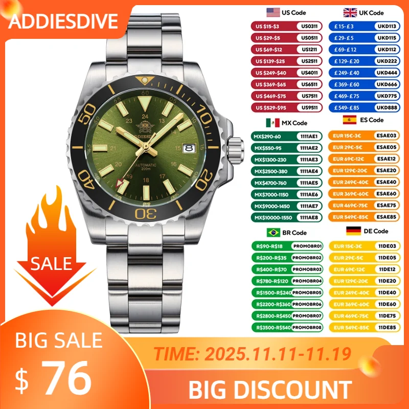 

ADDIESDIVE Stainless Steel Diver Watch Top Brand Sappire Automatic Mechanical Watches AD2504 Reloj Hombre Waterproof Men's Clock