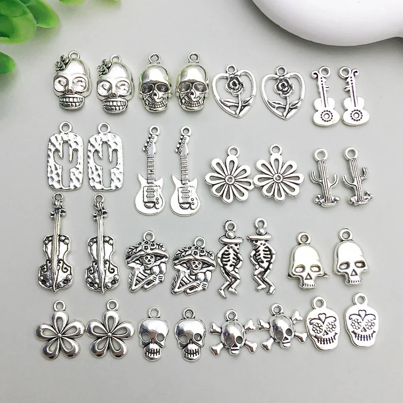 10pcs/lot Antique Witch Wizard Skull Guitar Web Bat Boo Charms Halloween Pendant For Diy Jewelry Making Supplies Accessories