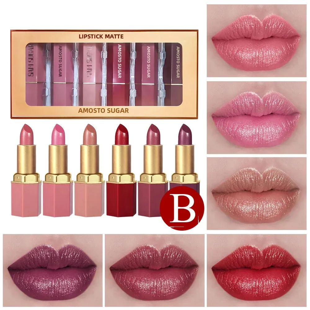conjunto-de-batom-sam-sugar-6-pecas-acabamento-diamante-fosco-e-brilhante-de-longa-duracao-nao-pegajoso-hidratante-veludo-sexy-cores-vermelhas-kit-labial