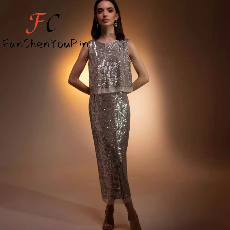 Summer New Women's Dress Sets 2024 Fashion Sexy Baggy Sleeveless O-neck Sequin Vest Tops Elegant Sequin Elegant Party skirt Suit