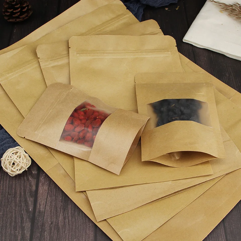 Kraft Paper with Window Zipper Lock Bag, Food, Tea, Snacks, Self-Sealing Storage, Wedding, Home Candy Gift Packaging, 100Pcs