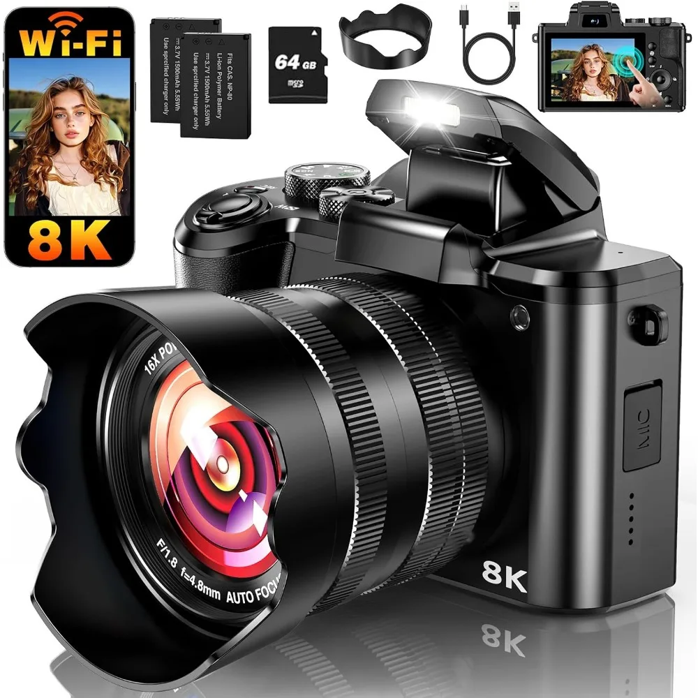 8K Digital Camera: 88MP, 3.2" Touchscreen, 64GB, Autofocus, 16X Zoom, Anti-Shake, Dual Lens for Vlogging