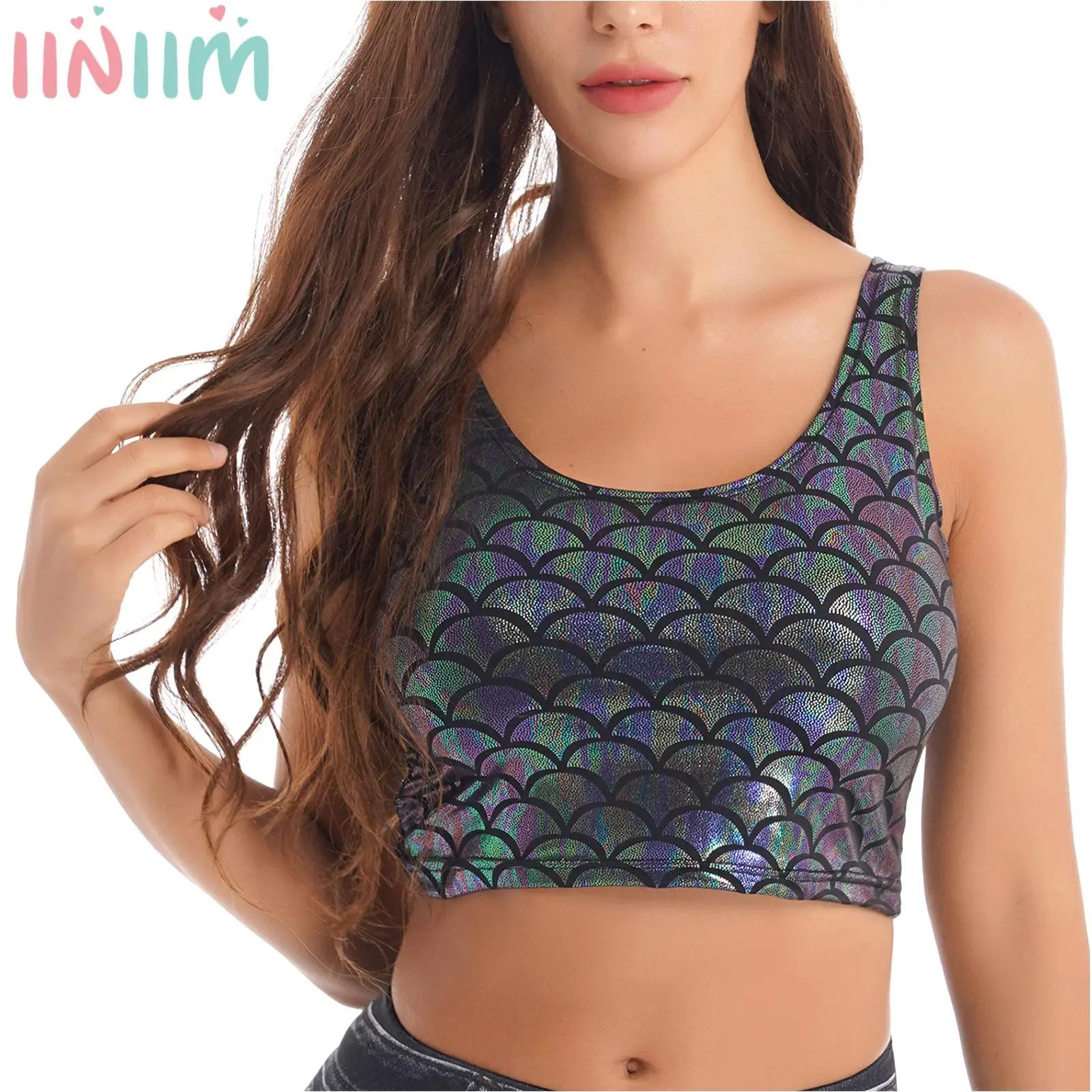 Women Shiny Metallic Crop Top Y2K Mermaid Fish Scale Print Cropped Tank Top Vest Festival Rave Pole Dance Costume Party Clubwear