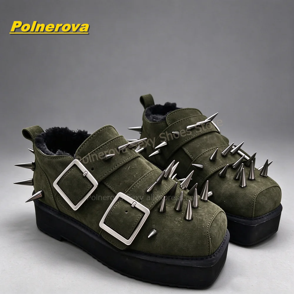Double Buckle Strap Winter Causal Footwear 2026 Punk Gothic Fashion Platform Ankle Boots White Faux Suede Spiked Studded Boots