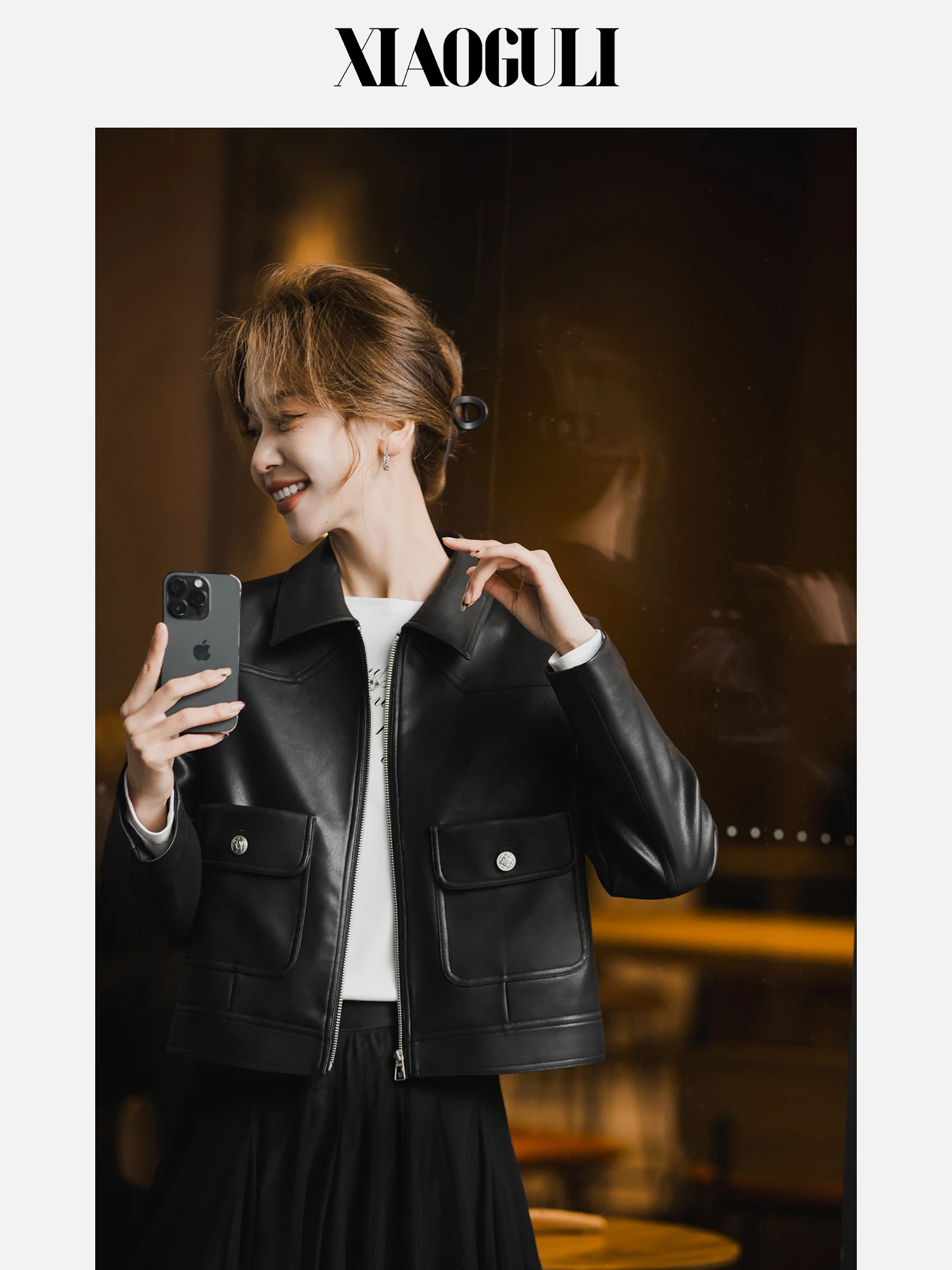 Jaqueta Feminina de Couro PU Sli Cool, Coleção Primavera 2026, Nova Chegada, Preta, com Gola Reversível Emborrachada, Corte Reto