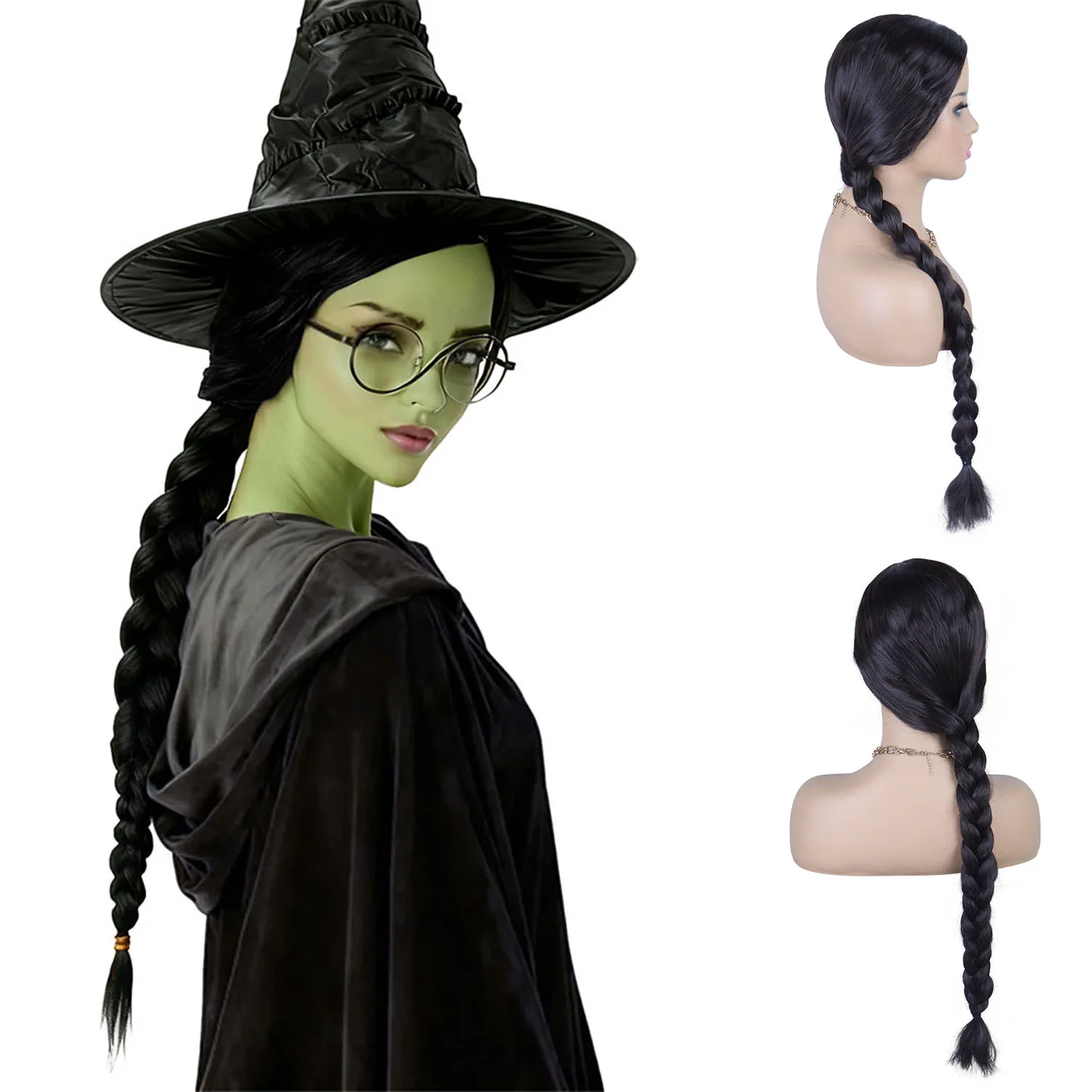 

Синтетические реалистичные длинные черные косы, парики для женщин, натуральный искусственный парик для кожи головы, боковая часть, линия волос, ведьма, парик для косплея на Хэллоуин, на каждый день