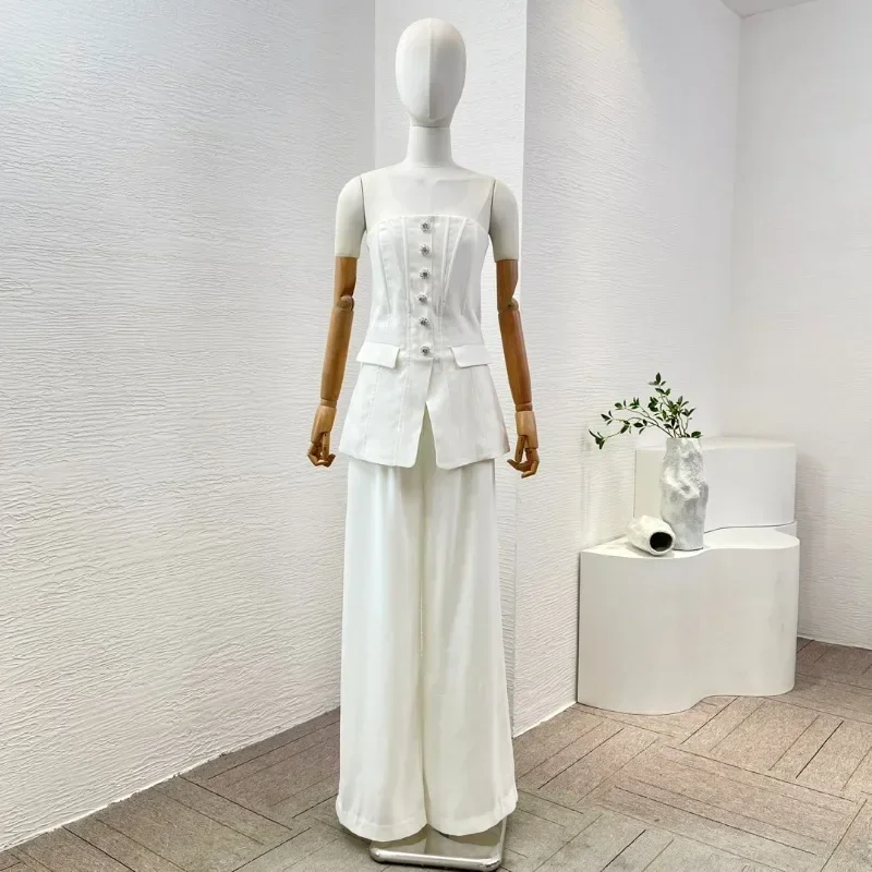 New White Elegant Waist Bandeau Pocket Decoration Sleeveless Blouse Tops and Pants Two Pieces Women High Quality Fashion Sets