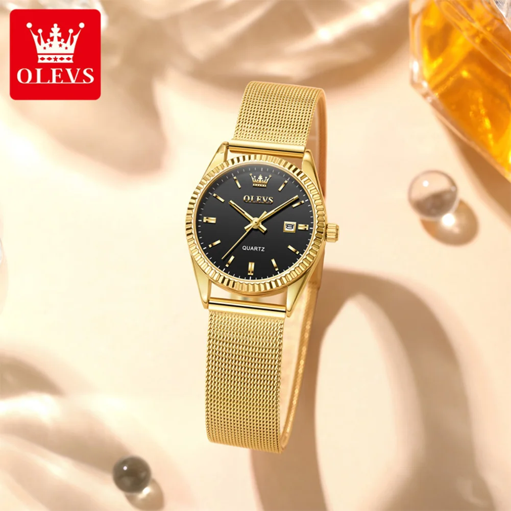 OLEVS 5692 Gold Watch Bracelet Necklace Gift Set for Women Original Mesh Steel Strap Date Waterproof Luxury Ladies Quartz Watch