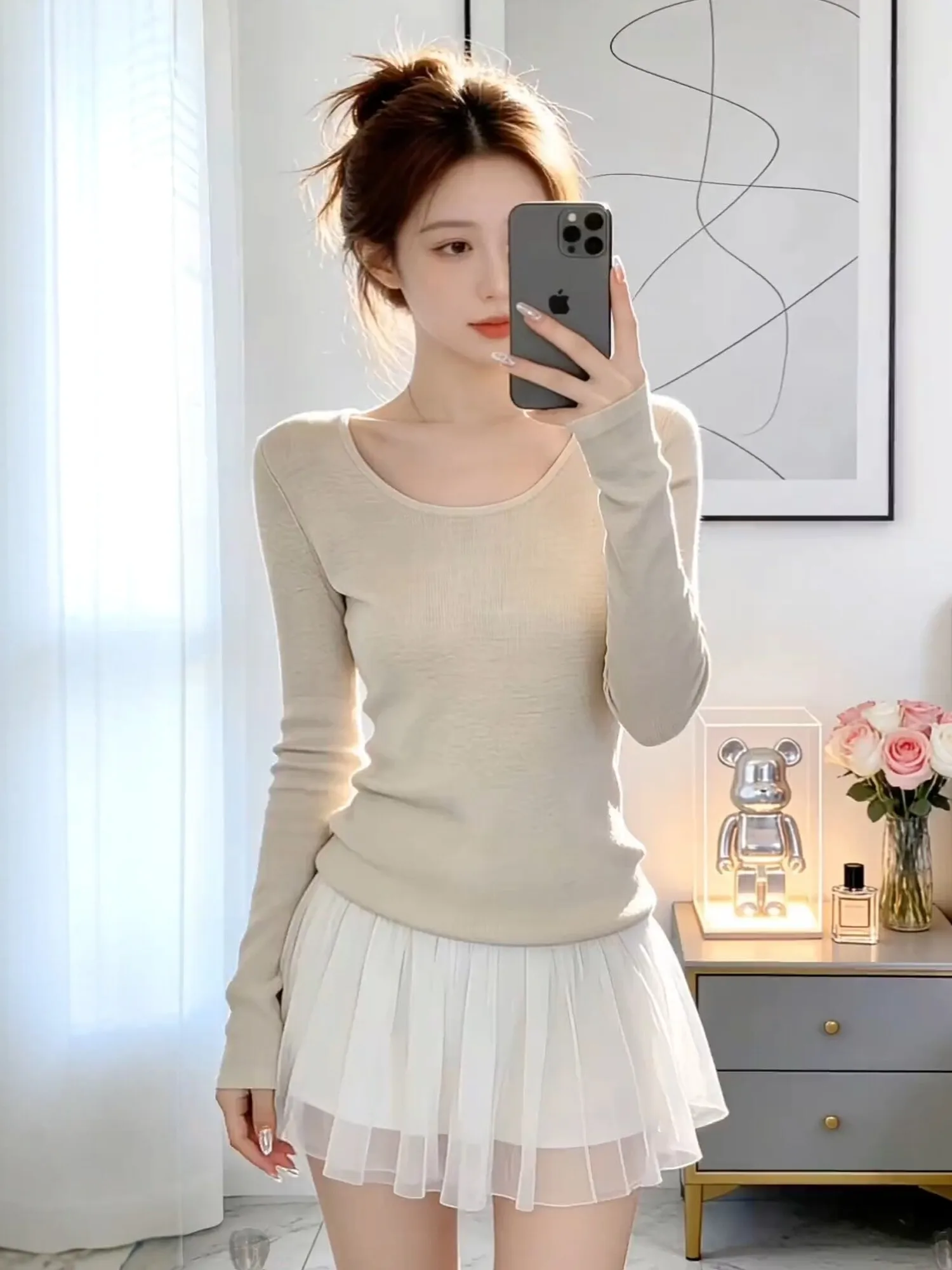 

Early Spring Soft Knitted Slim Fit Women's Long Sve Base irt White Sli Top Breathable Comfortable Ciwalk Outfit