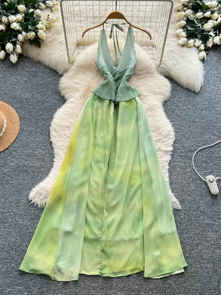 Beach Vaion Sle Dyed Print Maxi Dr Women's High Waist A-Line Summer Skirt No Sve Ne Hanging Gown Commute Ready