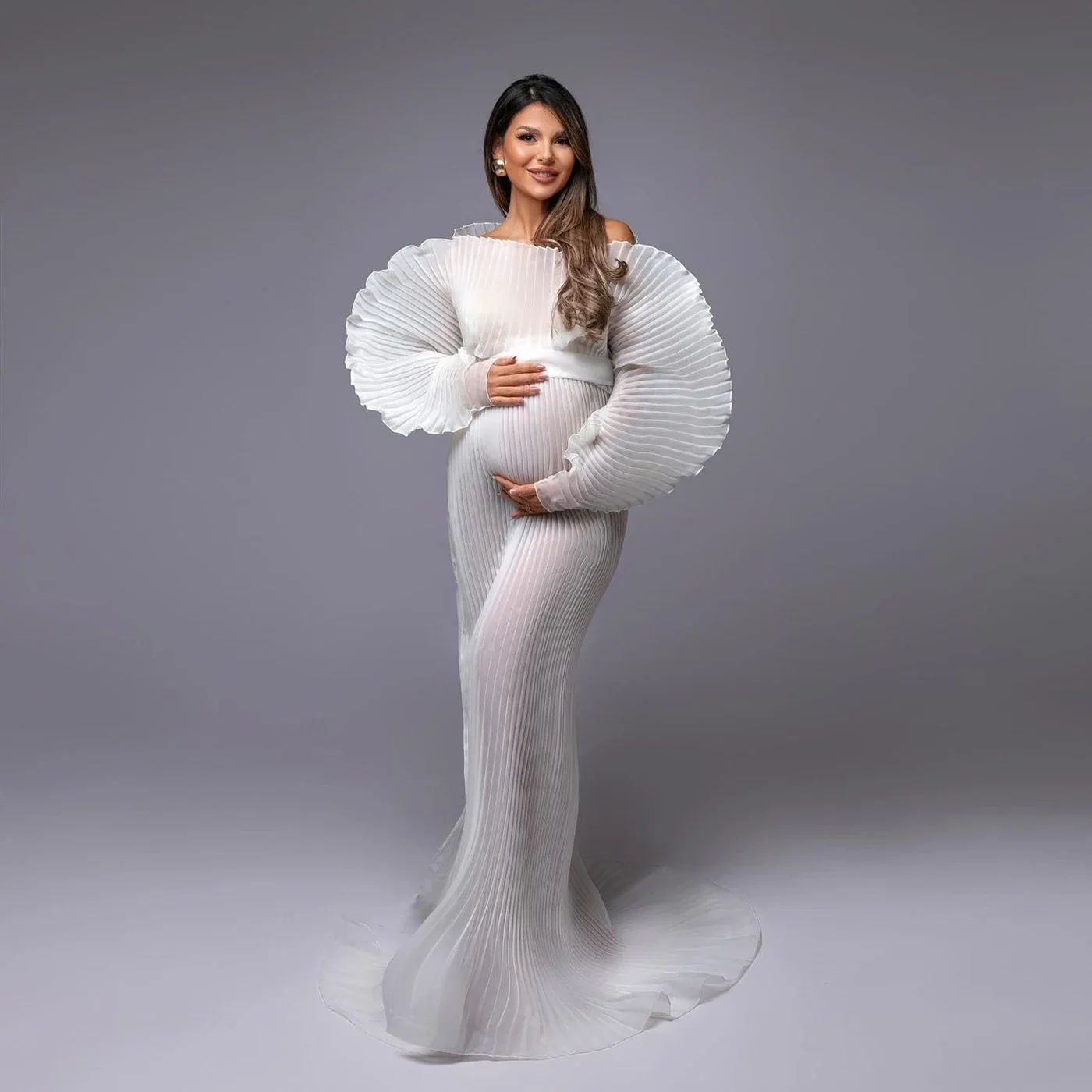 Fashion White Pleated Maternity Photoshoot Dress Photography Props Baby Shower Dress Pregnancy Picture Dresses YEWEN YW240006