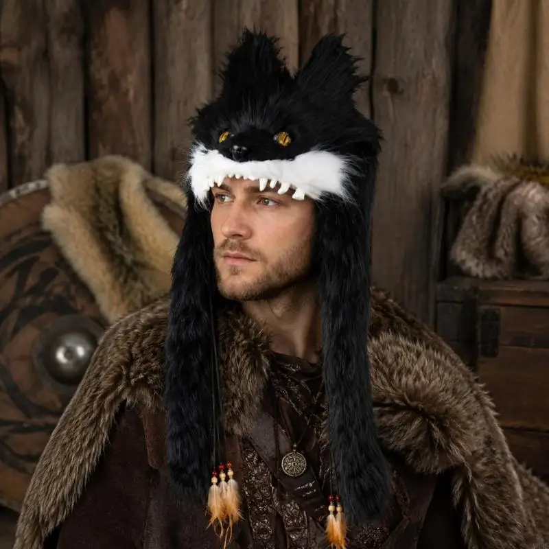 Furs Wolf Head Hat Werewolves Cosplay Headpiece Barbarians Headress for Adults,Plush Wolf Head with Upright Ears, Visible Y08E
