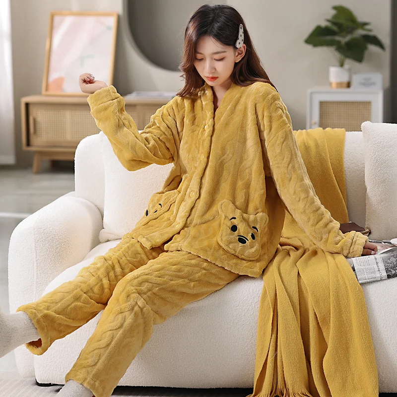 Thickened Warm Coral Velvet Pajamas Women\'s Autumn and Winter Padded Cartoon Bear Striped Flannel School Pajamas Winter Homewear