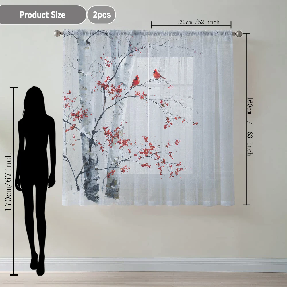 2Pcs Red Fruit Branches And Main Sparrow Print Home Decoration Window Screens Suitable For Coffee Shops, Restaurants, Bedrooms