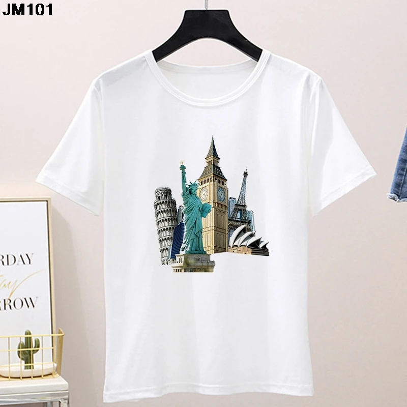 Women's Statue of Liberty Print T-Shirt, Harajuku, Short Sleeve, Ladies T Shirt, Fashion, City Architecture Pattern Top, Summer