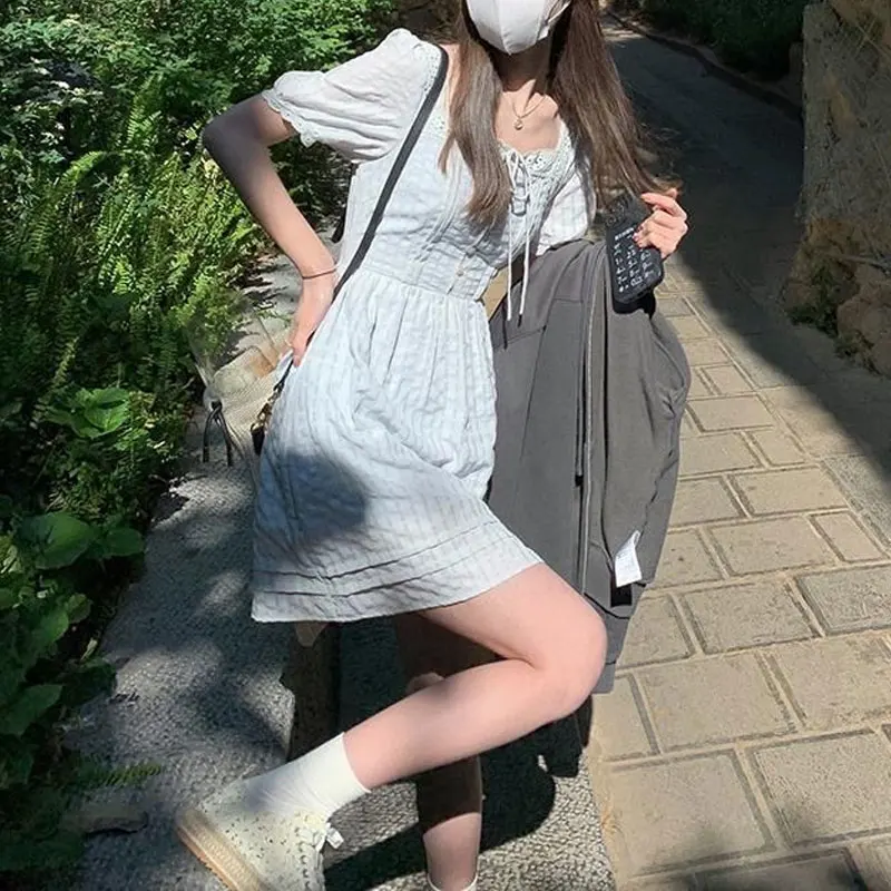 Fashion Design A-Line Mini Dress Women's Clothing Trendy Casual Short Summer New French Style Square Collar Drawstring Dresses