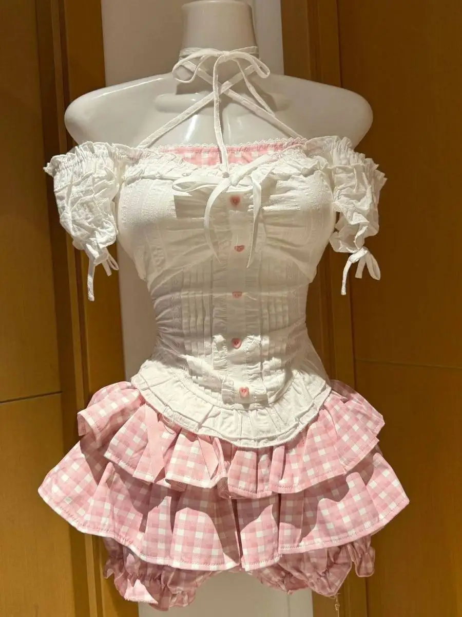 

Sweet Lolita Off Shoulder Halter Blouse Pink Gingham Ruffle Skirt Set Puff Sleeve Cake Skort Soft Girl Kawaii Summer Outfit