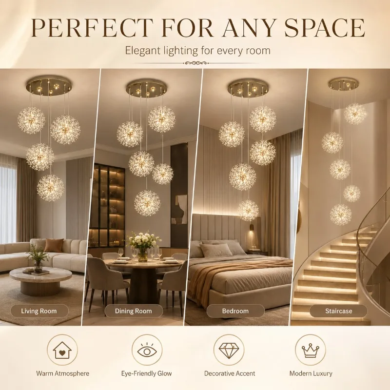 Dandelion Crystal Chandelier LED Pendant Light Luxury Firework Ceiling Lamp for Living Room Dining Room Bedroom Hotel Decor